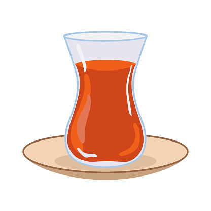 A glass of traditional Turkish tea on a saucer. Vector illustration in flat style on a white background. A recognizable hot drink common in the east.