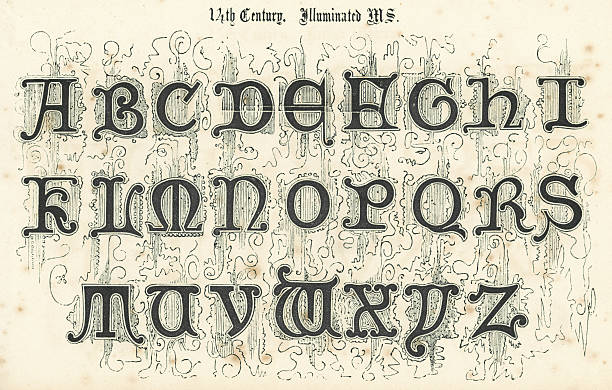 14 век до стиль алфавит - letter t letter a ornate alphabet stock illustrations