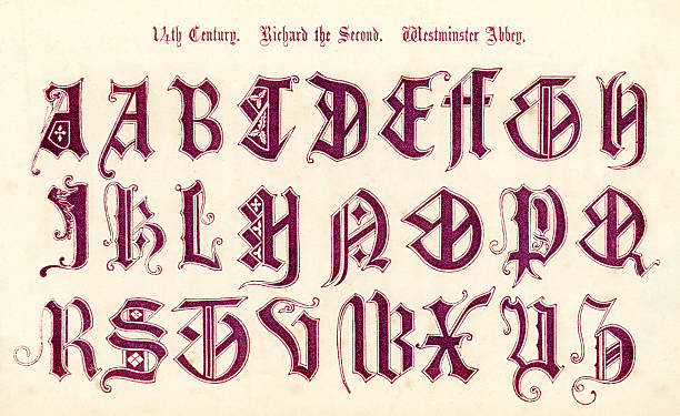 14th Century Style Alphabet Vintage engraving of the alphabet in an 14th century medieval style from the Book of Ornamental Alphabets by  F.G. Delamotte published in 1879 now in the public domain antique illustration of ornate letter f stock illustrations