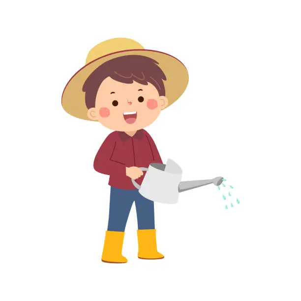 Vector illustration of Cartoon little boy holding watering can pouring water