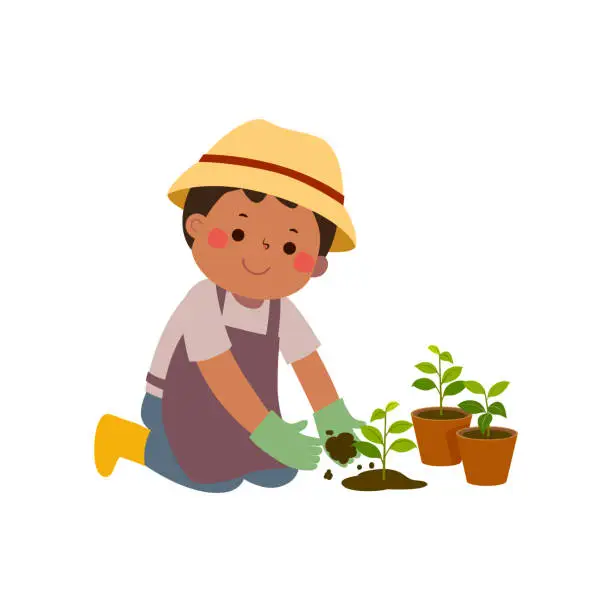 Vector illustration of Cartoon little boy planting young trees. Kid gardening.