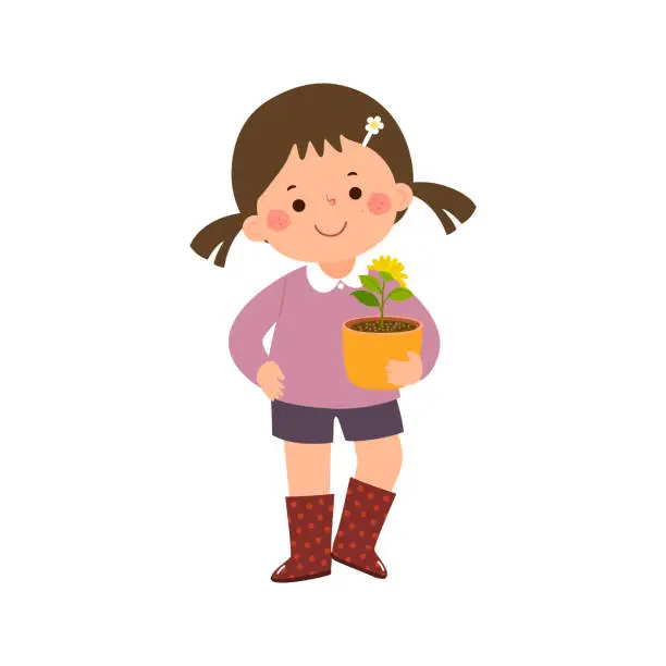 Vector illustration of Cartoon little girl holding flower pot