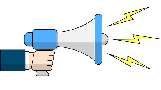 A hand holding a blue and white megaphone with lightning bolts highlighted on a white background. Vector illustration of the speaker.