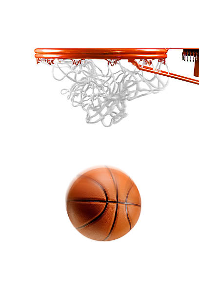 Basketball hoop net and ball on white Basketball just about to enter the hoop on white background basketball hoop stock pictures, royalty-free photos & images