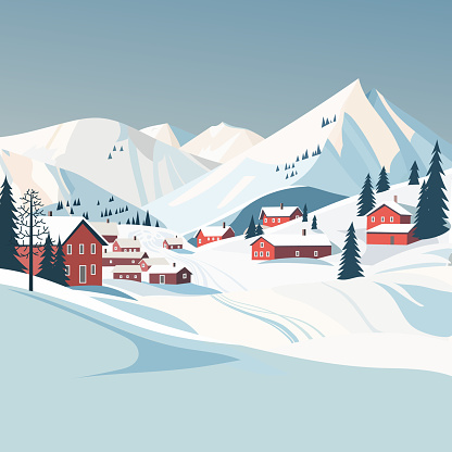 Vector illustration of winter landscape against the backdrop of mountains and a ski village. Picture for background, card or cover