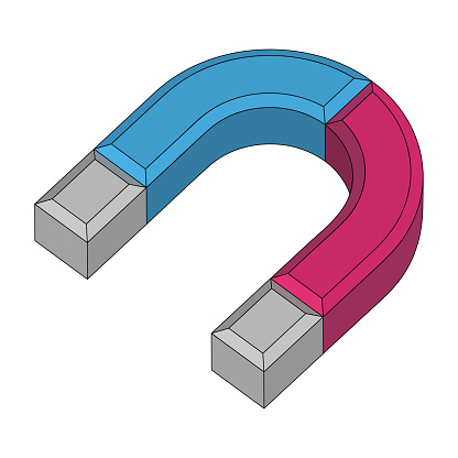 Curved horseshoe magnet with red and blue poles of positive and negative charge