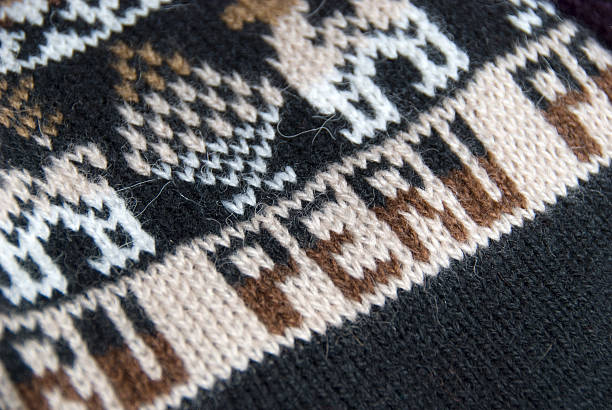 Detail of a knitted peruvian souvenir with the word Peru in it. The knitted product is made out of alpaca wool which is very soft and a popular gift to be bought by tourists at one of the inca markets in Lima.
