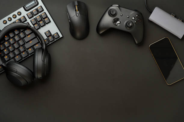 istock Gaming concept on black background with computer keyboard and joystick 1837646552