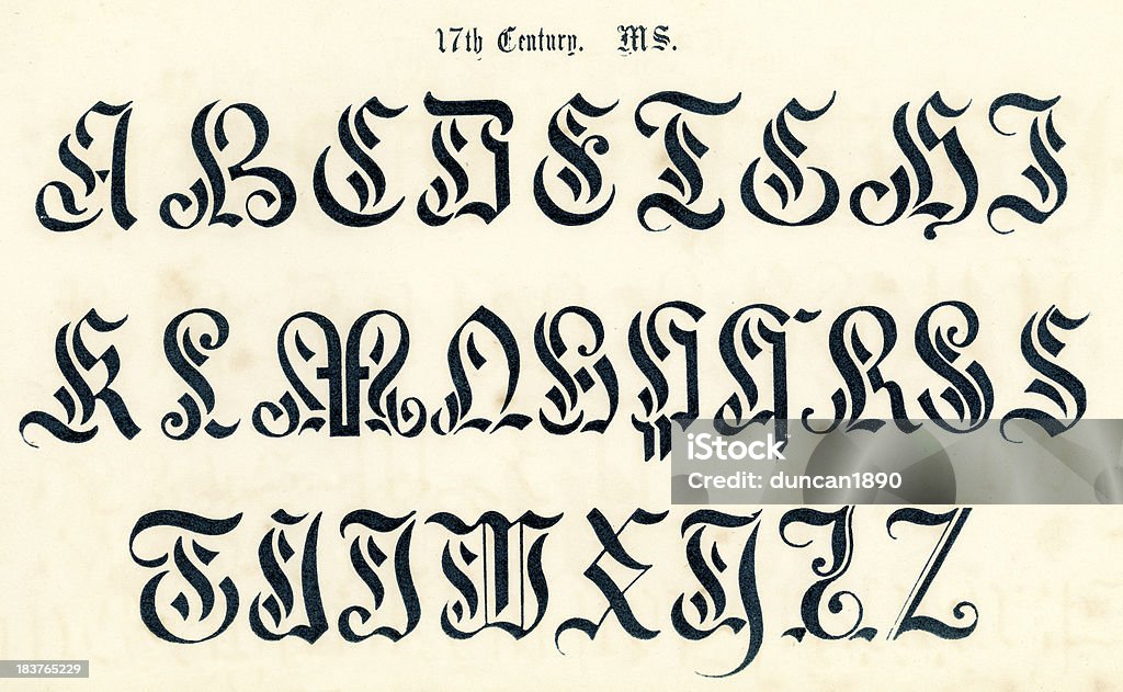17 th Century estilo alfabeto guión - Ilustración de stock de Gótico - Estilo libre de derechos