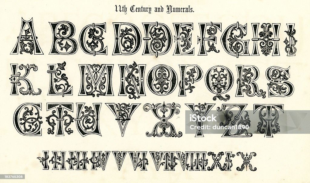 11 th Century Medieval alfabeto e números - Ilustração de Medieval royalty-free