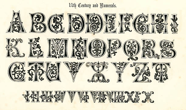 11 века алфавит и цифры средневековый - ornate text medieval illuminated letter engraved image stock illustrations