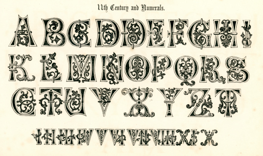 Vintage engraving of the alphabet in an 11th century medieval style from the Book of Ornamental Alphabets by  F.G. Delamotte published in 1879 now in the public domain