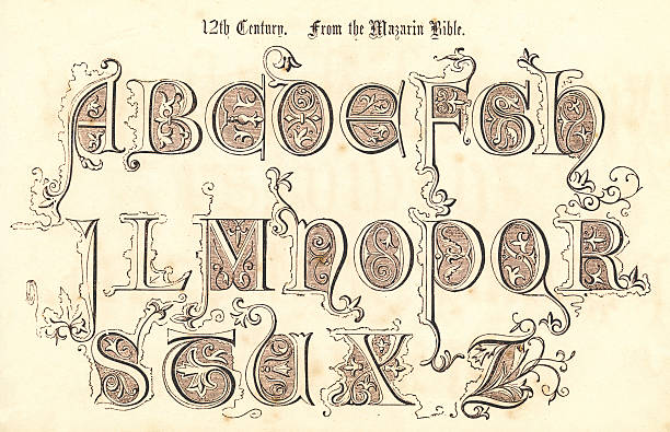 12th Century Style Alphabet Vintage engraving of the alphabet in an 12th century medieval style from the Book of Ornamental Alphabets by  F.G. Delamotte published in 1879 now in the public domain antique illustration of ornate letter f stock illustrations
