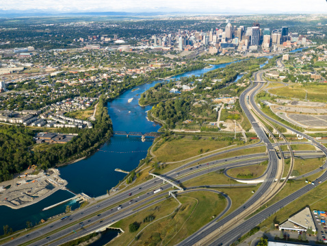 Aerial view of Downtown Calgary from above Deerfoot Trail (Hwy 2) looking West along the Bow River.