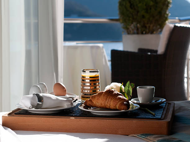 istock Plates on a hotel table with balcony and sea view 183766775
