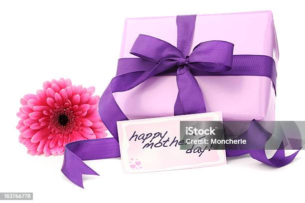 Purple Gift Box With A Mothers Day Card Stock Photo - Download Image Now - Mother's Day, White Background, Cut Out