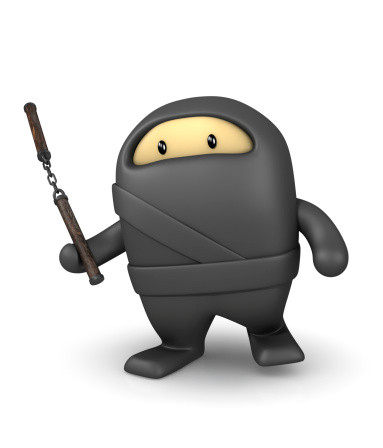 Cartoon style ninja with numchuck.This cute little ninja could be a useful element in a cartoon composition.  This is a detailed 3d rendering.