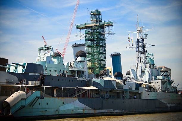 istock Military ship moored at a harbor, London, UK 183767076