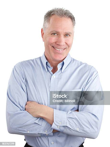 Smiling Middle Age Man With Blue Shirt Stock Photo - Download Image Now - Button Down Shirt, Men, White Background