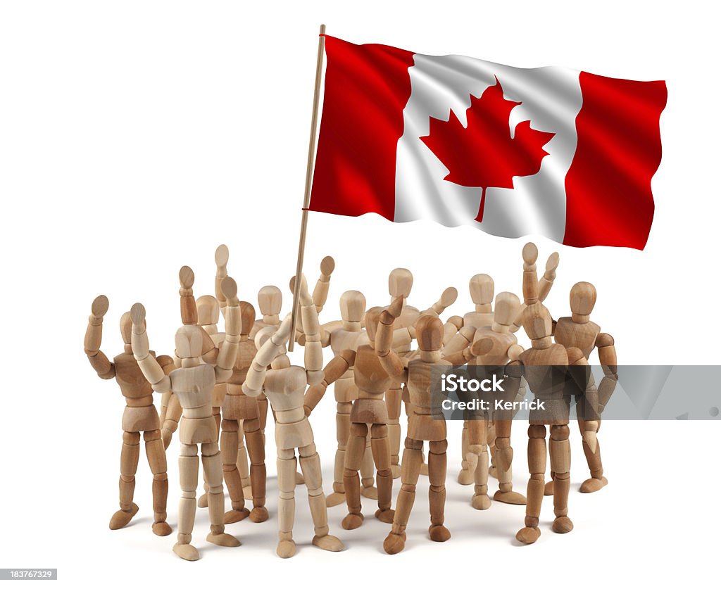 Canada - wooden mannequin group with flag "group of wooden mannequin shows this flag. If you need a special motive - please contact me. Some of them have the hands up. So you can add some signs or flowers or whatever. Concept for sport, politics, demonstrations, national proud... a lot of things. More flags:" Artist's Figure Stock Photo