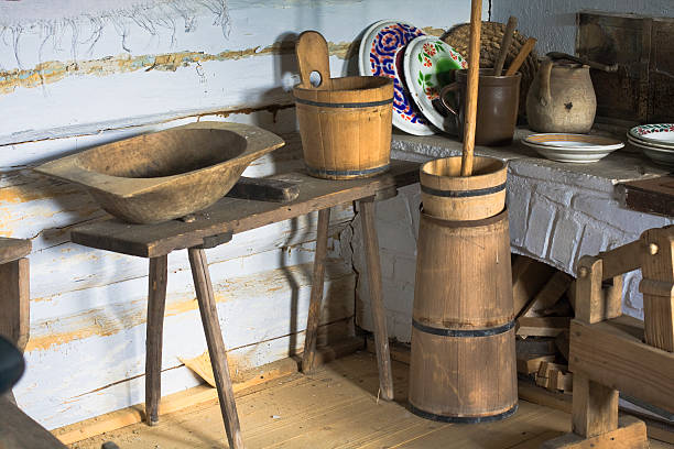 Rustic kitchen 19th century country style old kitchen, Malopolskie Province, Poland butter churn stock pictures, royalty-free photos & images