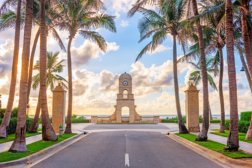 Palm Beach, Florida, USA clock tower on Worth Ave at dawn.