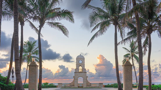 Palm Beach, Florida, USA clock tower on Worth Ave at dawn.