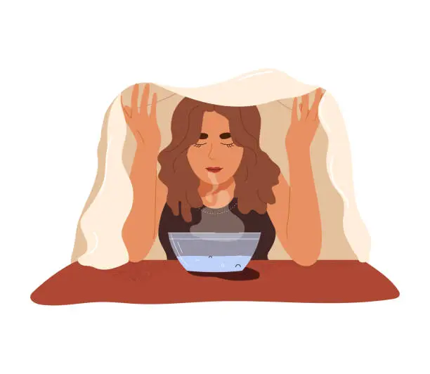 Vector illustration of Young woman with towel doing steam inhalation above bowl with hot water