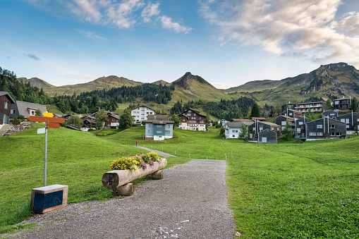 Beautiful small mountain village of Stoos surrounded by Swiss Alps, Fronalpstock in summer at Schwyz, Switzerland