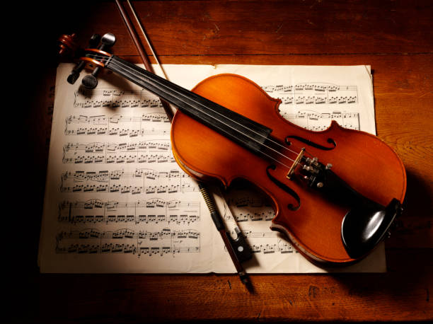 Overhead View of a Violin and Music