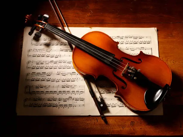 Photo of Overhead View of a Violin and Music