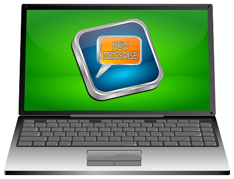 laptop computer with new message button blue orange on green desktop  - 3d Illustration