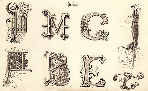 средневековая инициалы - ornate text medieval illuminated letter engraved image stock illustrations