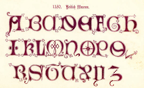 15th Century Style Alphabet Vintage engraving of the alphabet in a 15th century medieval style from the Book of Ornamental Alphabets by  F.G. Delamotte published in 1879 now in the public domain antique illustration of ornate letter f stock illustrations