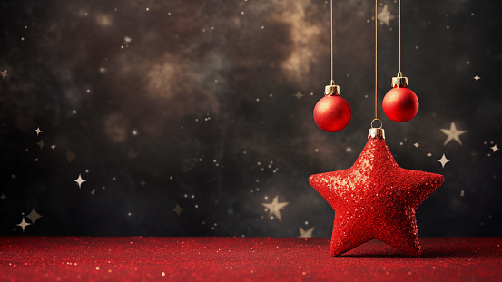 Festive Red Christmas Ornaments and Star on Glittery Background