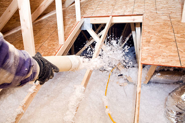 Worker Spraying Blown Fiberglass Insulation between Attic Trusses  fibreglass stock pictures, royalty-free photos & images
