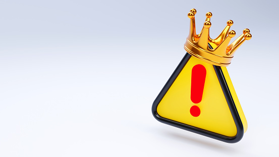 3D rendering of an exclamation mark with gold crown on a color background, Authority icon and alert, error, alarm, danger symbol