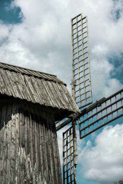 Unused wooden mill building. Exterior, decoration, large