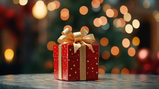 istock Festive Red Gift Box with Golden Bow and Bokeh 1837720541