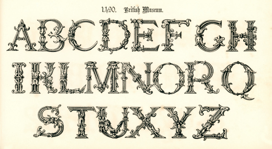 Vintage engraving of the alphabet in a 15th century medieval style from the Book of Ornamental Alphabets by  F.G. Delamotte published in 1879 now in the public domain