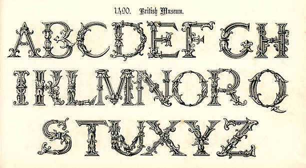 15th Century Style Alphabet Vintage engraving of the alphabet in a 15th century medieval style from the Book of Ornamental Alphabets by  F.G. Delamotte published in 1879 now in the public domain circa 15th century stock illustrations