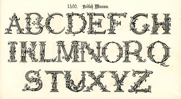 15th Century Style Alphabet Vintage engraving of the alphabet in a 15th century medieval style from the Book of Ornamental Alphabets by F.G. Delamotte published in 1879 now in the public domain letter f fonts stock illustrations