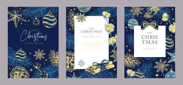 Vector illustration of Set of Christmas holiday greeting cards or covers with christmas desoration. Vector illustration