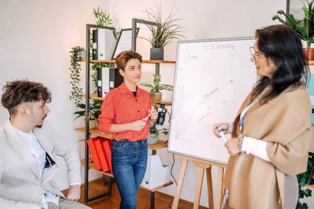 istock Colleagues working together in office. Having a meeting in front of white board. 1837726662