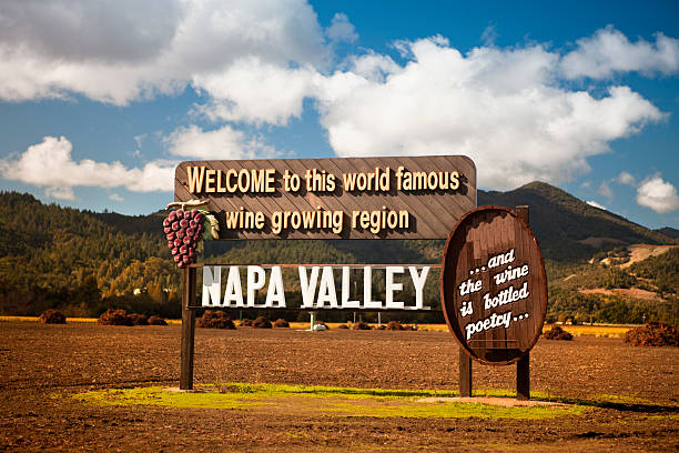 usa, california, napa, welcome sign near vineyard - 那帕谷 個照片及圖片檔