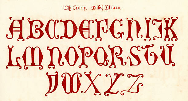 12th Century Style Alphabet Vintage engraving of the alphabet in an 12th century medieval style from the Book of Ornamental Alphabets by  F.G. Delamotte published in 1879 now in the public domain medieval illuminated letter stock illustrations