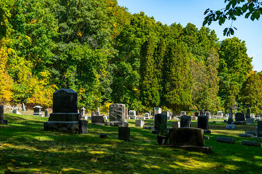 Autumn in Watkins Glen State Park, near Seneca Lake, New York State, USA.  St Mary's Cemetery.