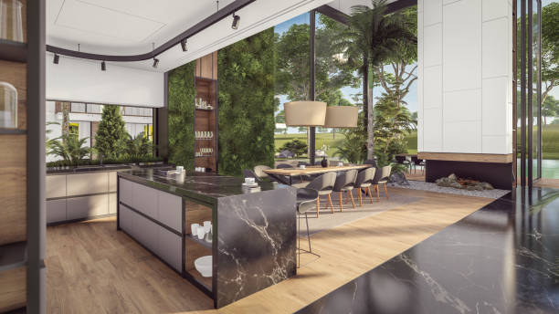 3d rendering of expensive cozy interior with green walls in night