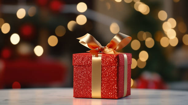 istock Festive Red Gift Box with Golden Bow and Bokeh 1837735042