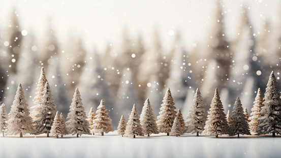 Miniature Snow-Covered Christmas Trees in Winter Scene